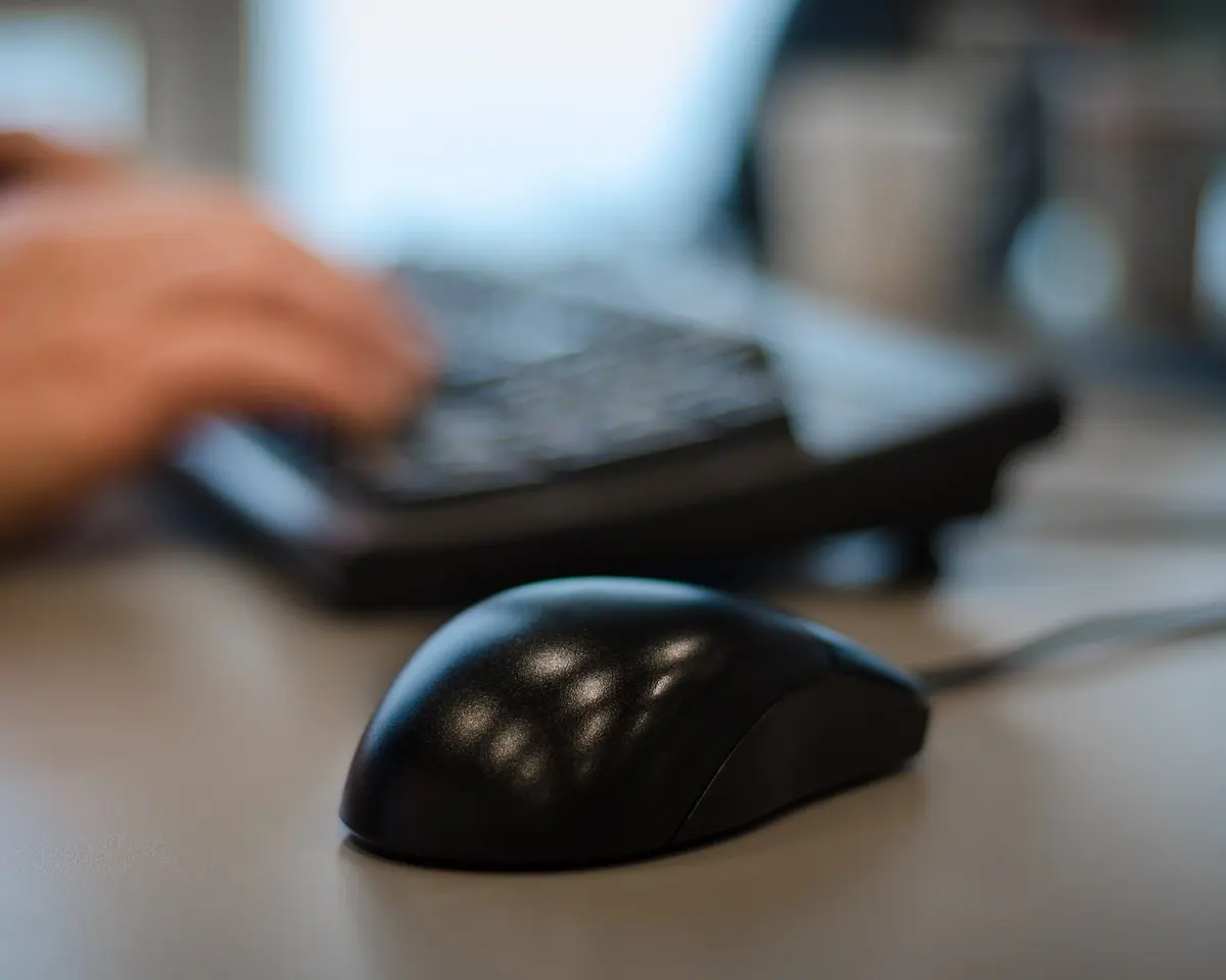 Mani al lavoro su tastiera e mouse in ufficio